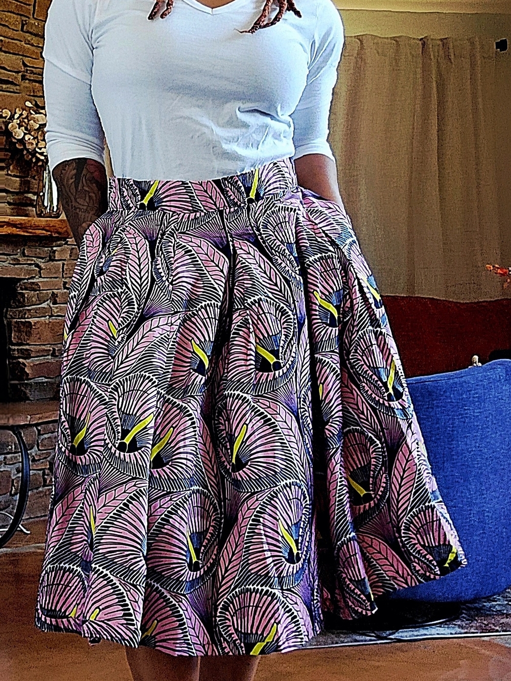 Pink Printed Pleated Midi Skirt with Side Pockets